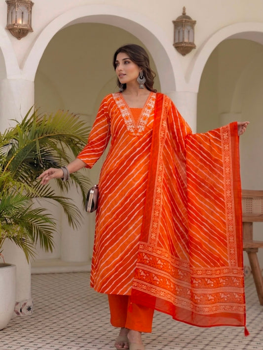 Pure Cotton Leheriya 3-Piece Ethnic Suit Set with Thread Work