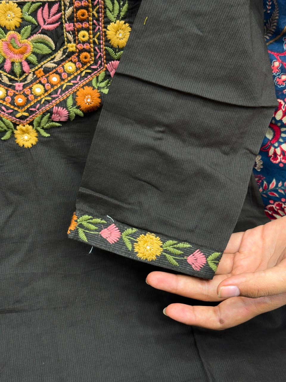 3 piece pure cotton kurta set with colorful hand work detailing all over neck and sleeves