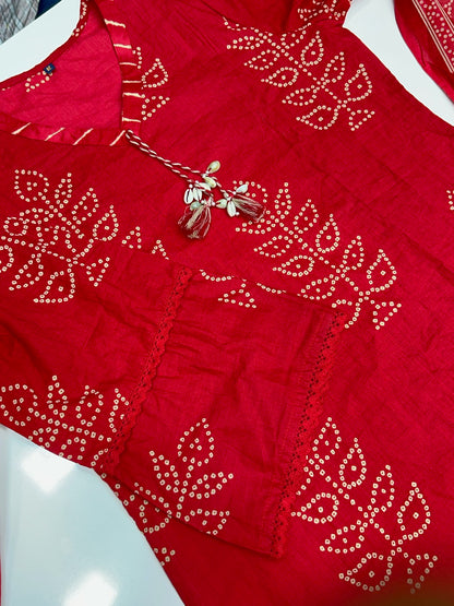 Pure Cotton Lehariya and bandhani 3 Piece Farshi Salwar Suit with Gota Patti work