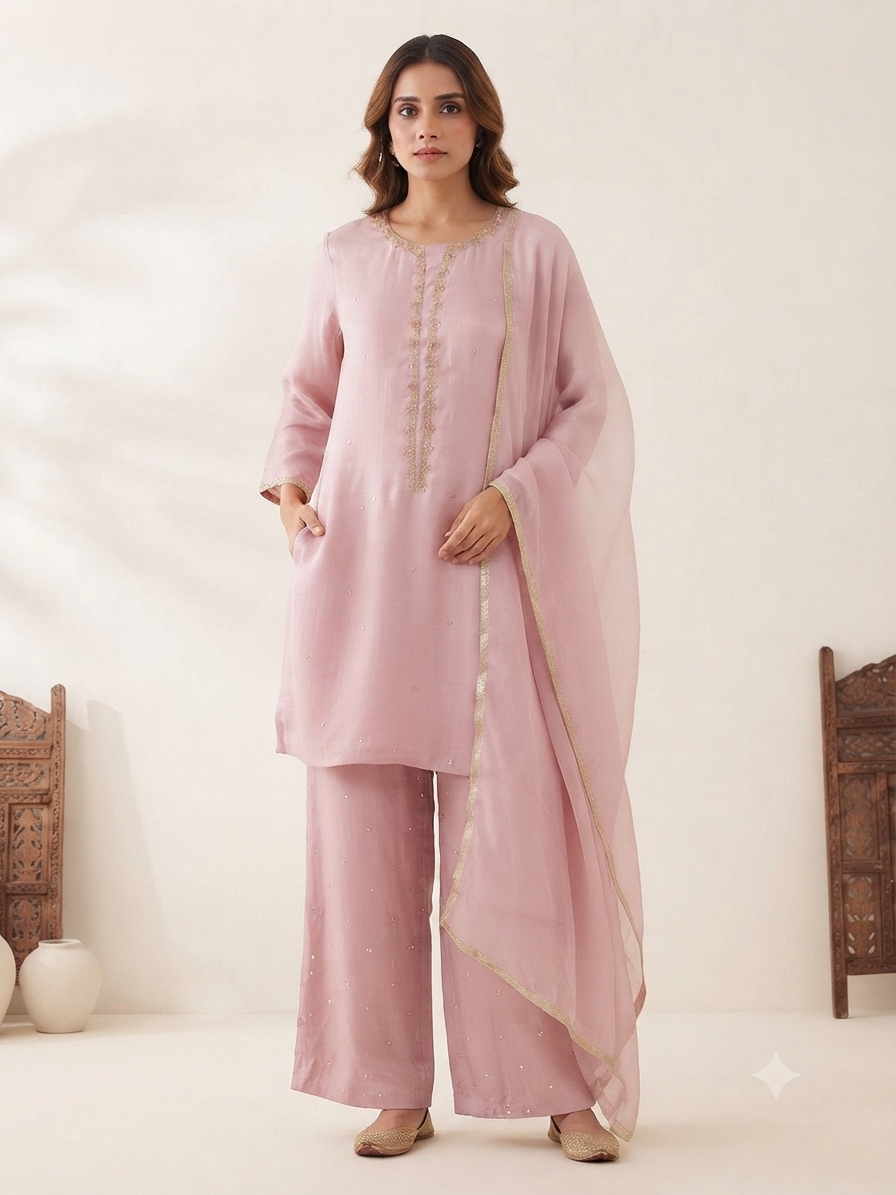 Designer Salsa Fabric Kurta with Wide-Leg Palazzo 3-Piece Suit