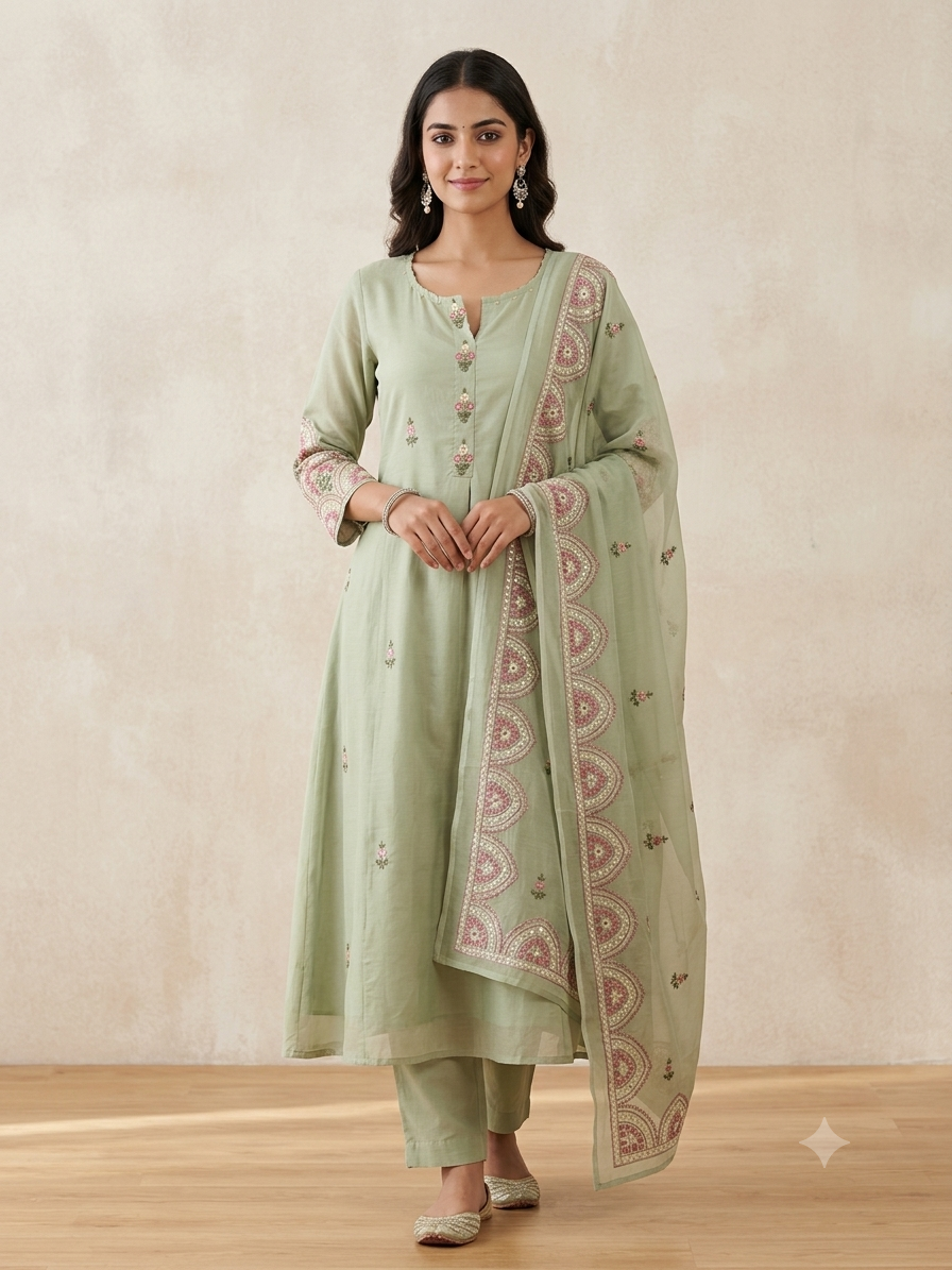 Women's Pure Mulmul Cotton Embroidered A-Line Kurta Set with Lining | Breathable Summer 3-Piece Kurta Pant & Dupatta Suit
