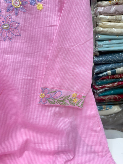 Pastel Pink Self-Texture Mul Cotton 3-Piece Kurta Pant Set with Dupatta & Lining | Floral Thread Work Summer Suit Set