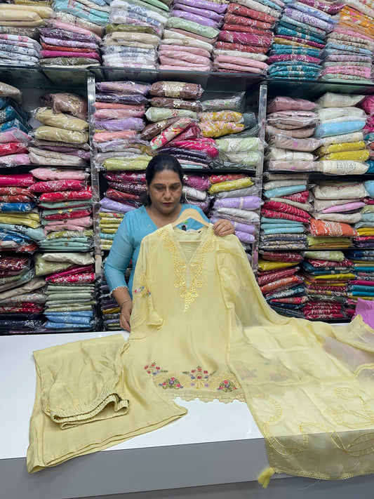 Handcrafted Thread-Work Organza Short Kurti with Loose Palazzos & Dupatta – Festive Three-Piece Traditional Suit Set
