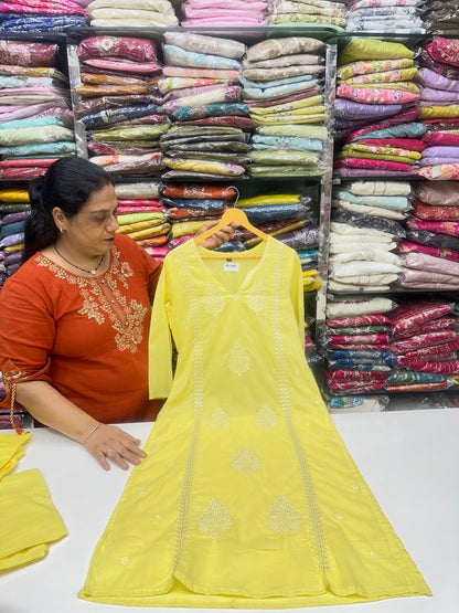 Butter Yellow Pure Mulmul Cotton Embroidered 3-Piece Kurta Set with Lining