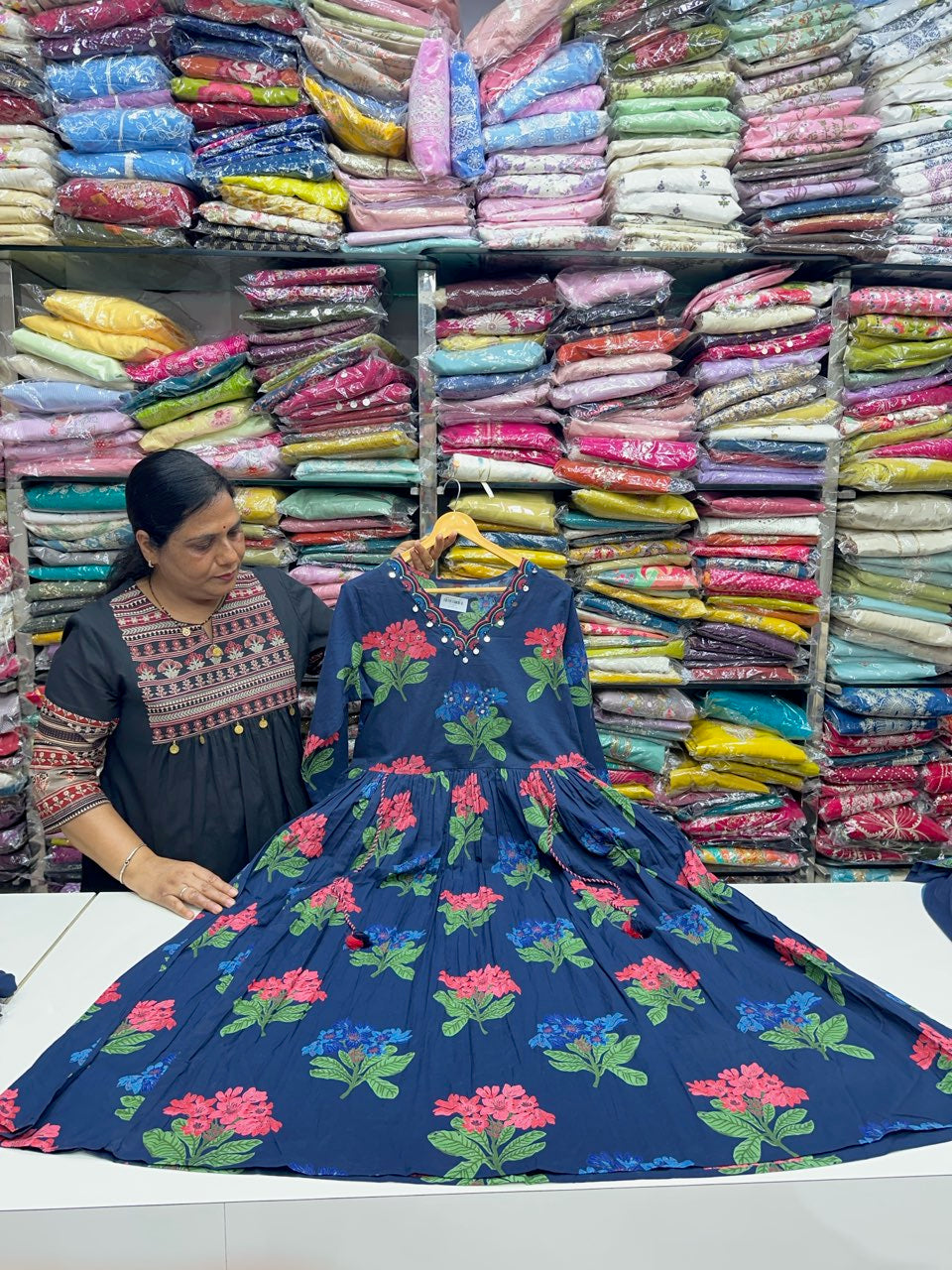Floral Print V-Neck Frock Style 3-Piece Kurta Pant Set with Dupatta for Women