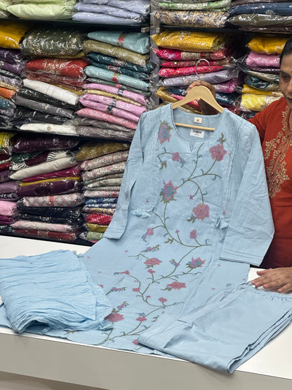 3 piece pure cotton Straight Suit kurta set with colorfull Embroidered  detailing all over the kurta RR1505