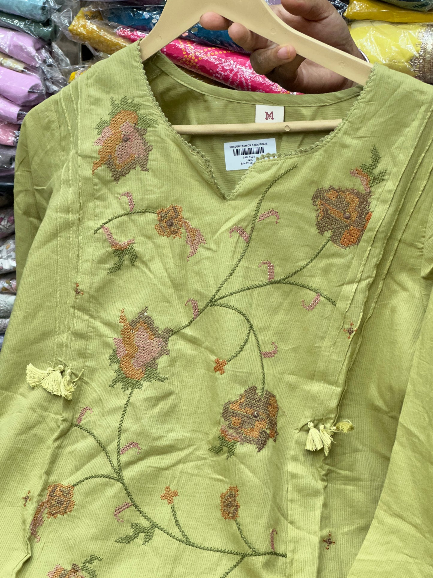 3 piece pure cotton Straight Suit kurta set with colorfull Embroidered  detailing all over the kurta RR1505