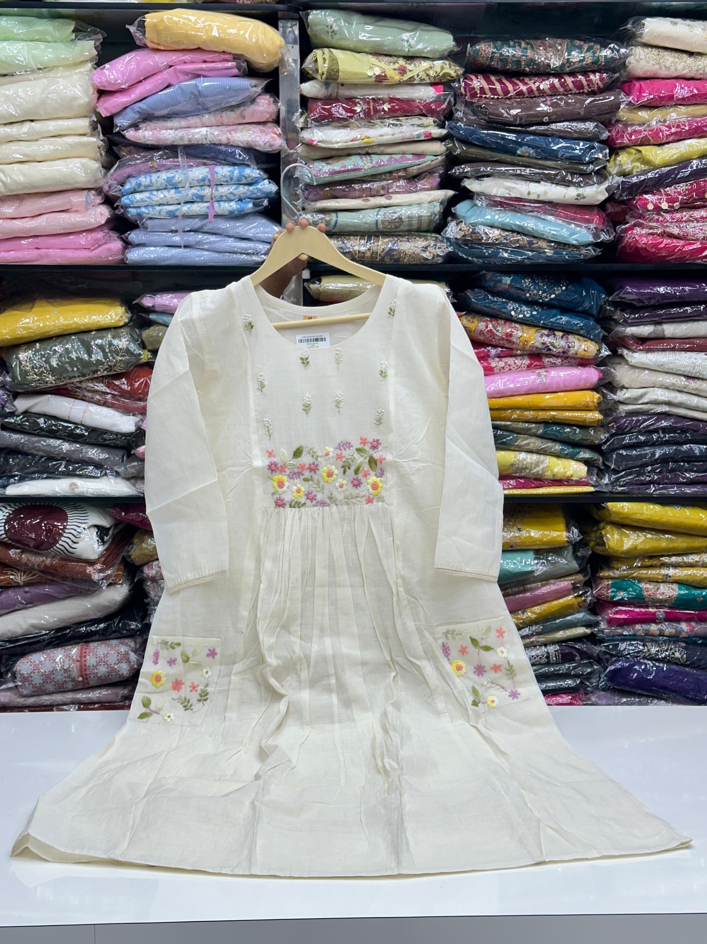 Off-White Doriya Mul Cotton 3-Piece Kurta Set with flower Embroidery & Floral doodle on Dupatta and Pockets | Premium Summer Ethnic Wear for Women