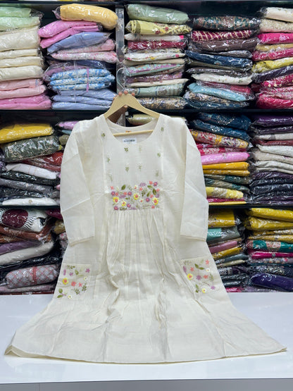 Off-White Doriya Mul Cotton 3-Piece Kurta Set with flower Embroidery & Floral doodle on Dupatta and Pockets | Premium Summer Ethnic Wear for Women