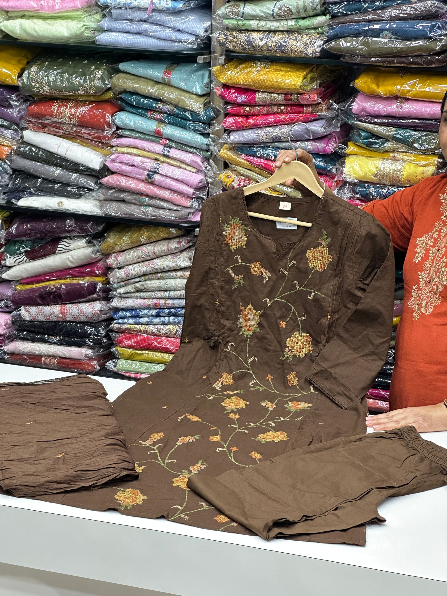 3 piece pure cotton Straight Suit kurta set with colorfull Embroidered  detailing all over the kurta RR1505