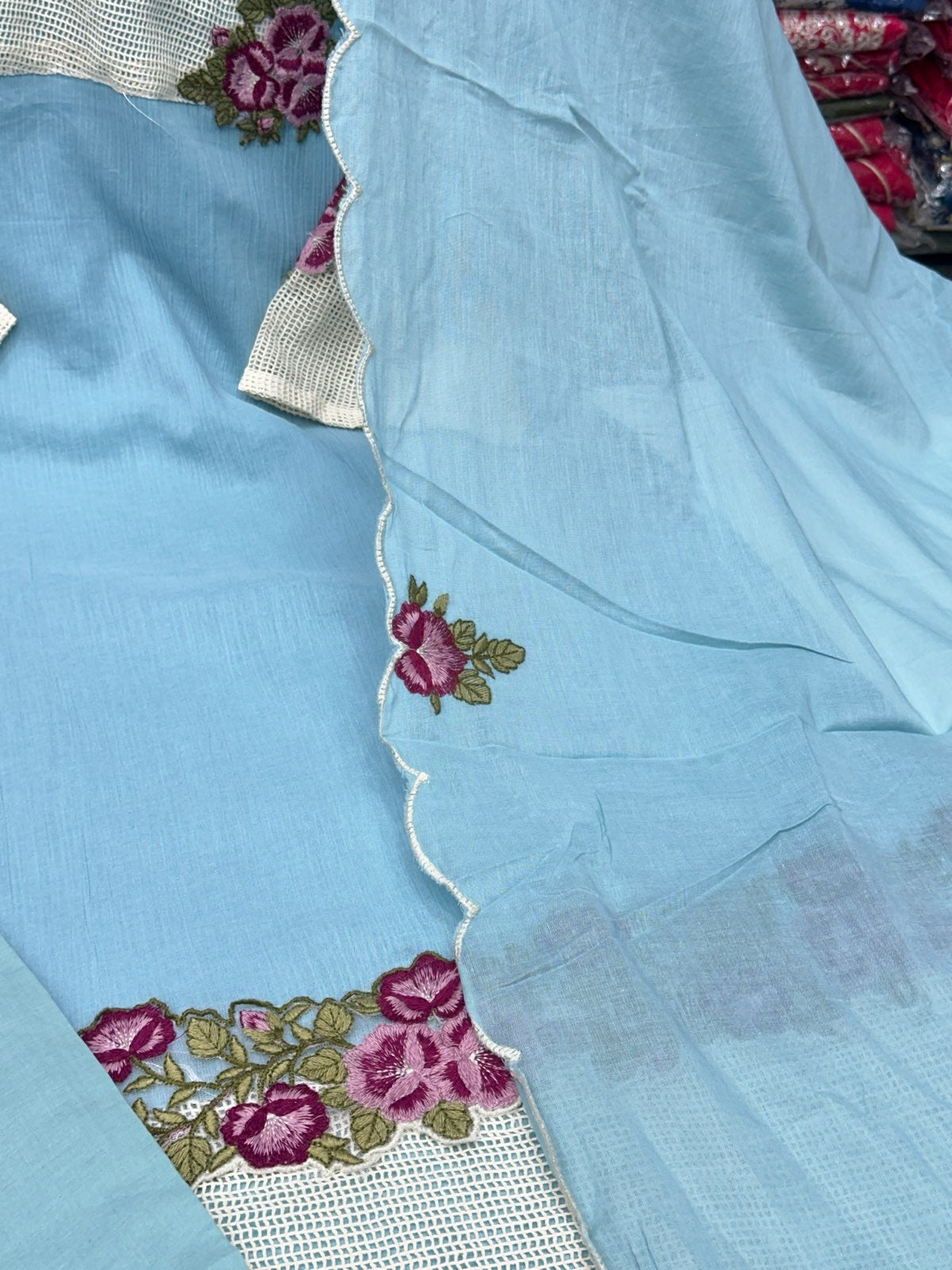 Pure Crush Cotton 3-Piece Suit Set with Handcrafted Neck Detailing – Kurta, Pants & Dupatta