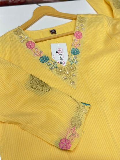 Peach Pink Yellow Pink and Sky Blue Premium cotton party wear dress with pant and duptta Floral Thread work  detailing on top and duptta