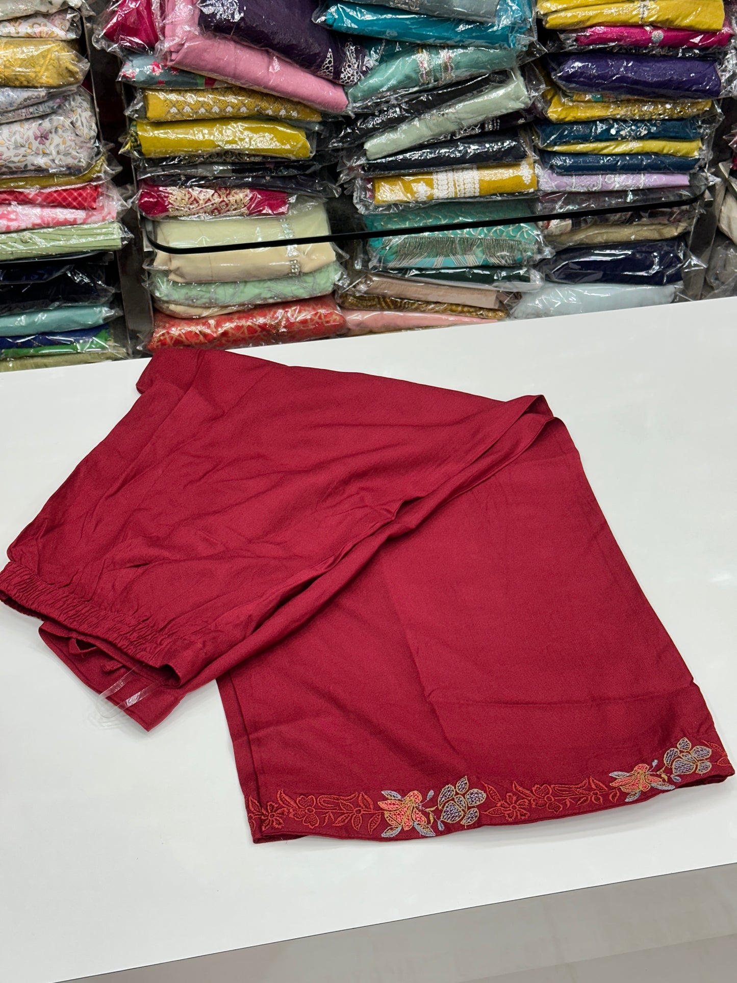 Maroon co-ord in premium rayon fabric with floral thread work detailing