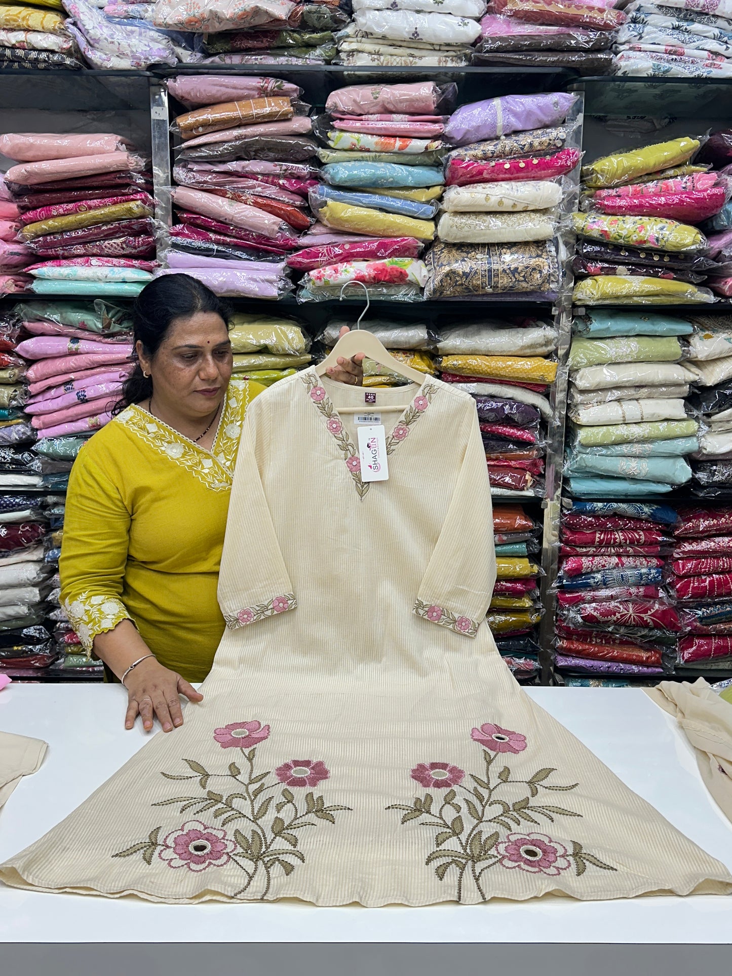 Off white Red and beige Premium cotton party wear dress with pant and duptta Floral Thread work And mirror work detailing on top and duptta