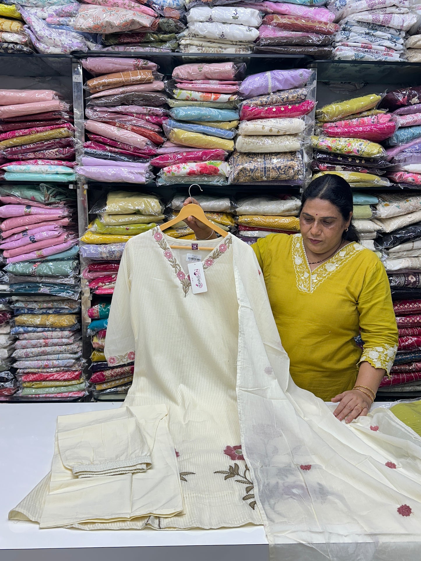 Off white Red and beige Premium cotton party wear dress with pant and duptta Floral Thread work And mirror work detailing on top and duptta