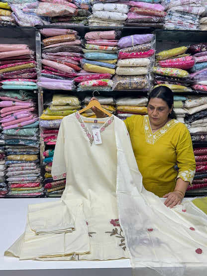 Off white Red and beige Premium cotton party wear dress with pant and duptta Floral Thread work And mirror work detailing on top and duptta
