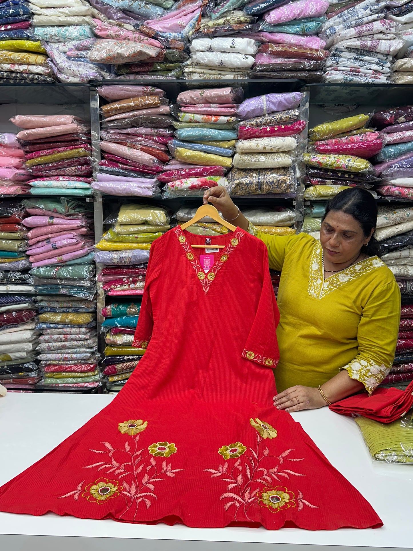 Off white Red and beige Premium cotton party wear dress with pant and duptta Floral Thread work And mirror work detailing on top and duptta
