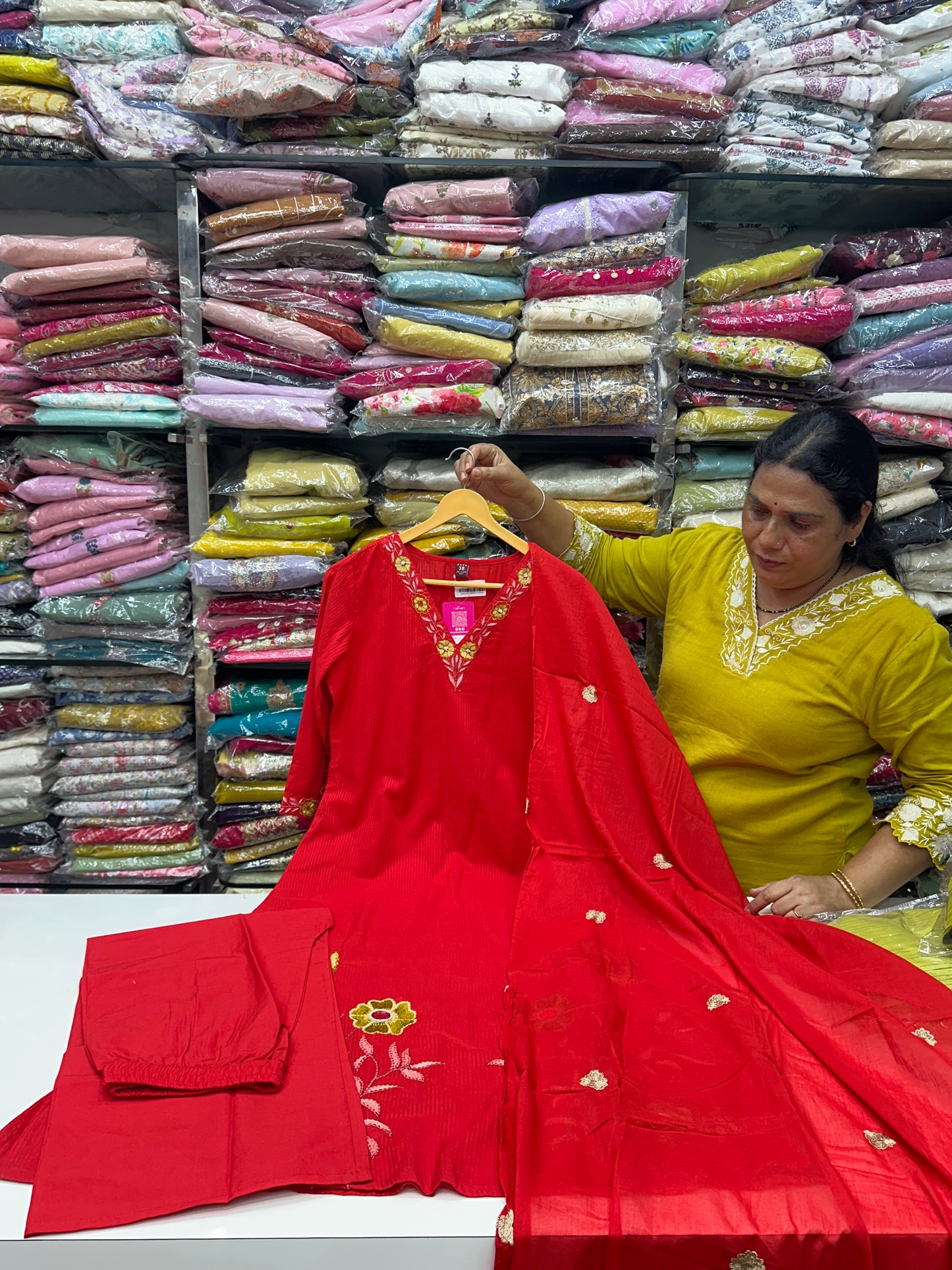 Off white Red and beige Premium cotton party wear dress with pant and duptta Floral Thread work And mirror work detailing on top and duptta