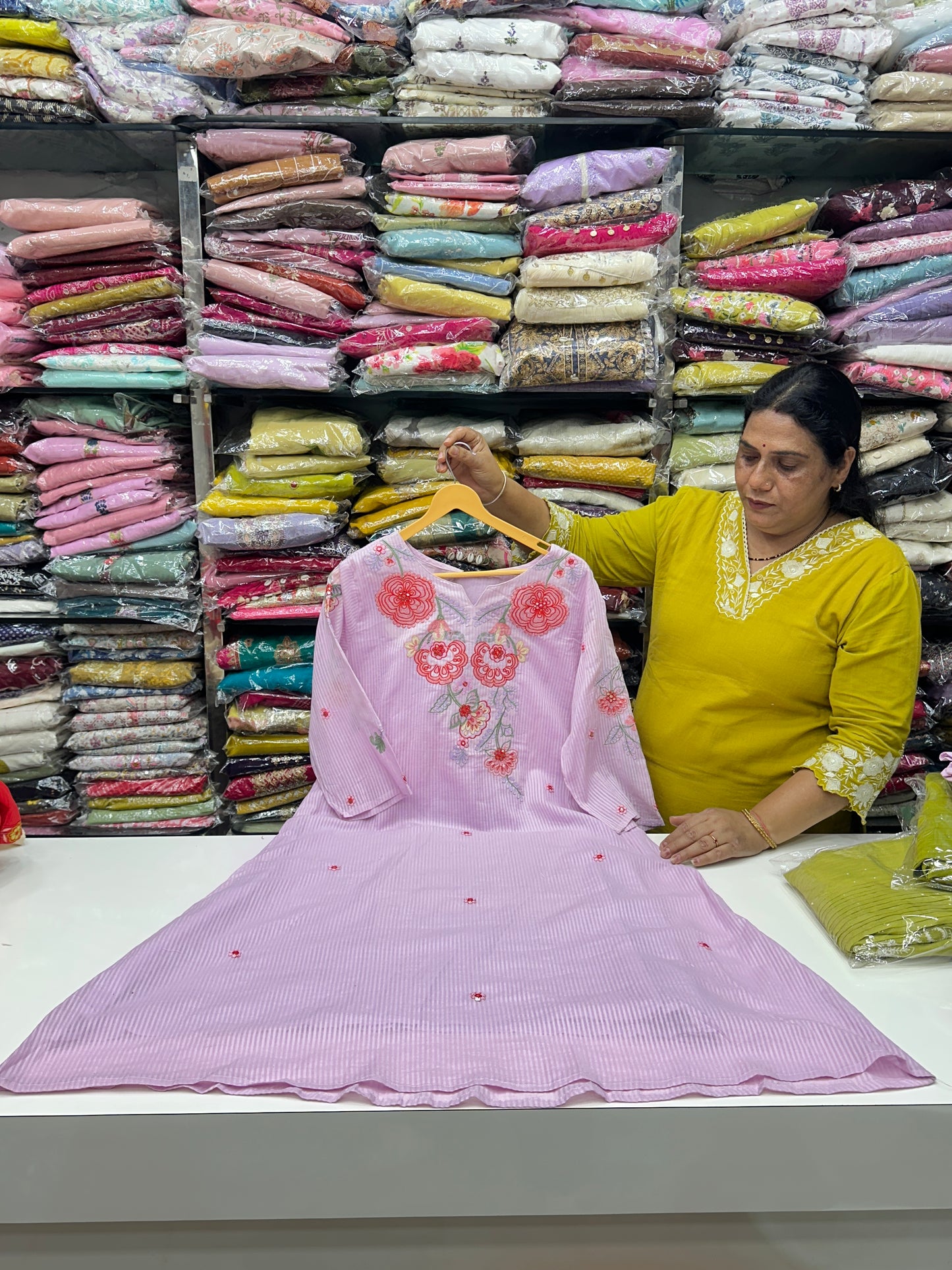 Mint green butter yellow lavender color AlinePremium cotton party wear dress ,Floral Thread work  detailing on Neck and Sleeve with pant duptta