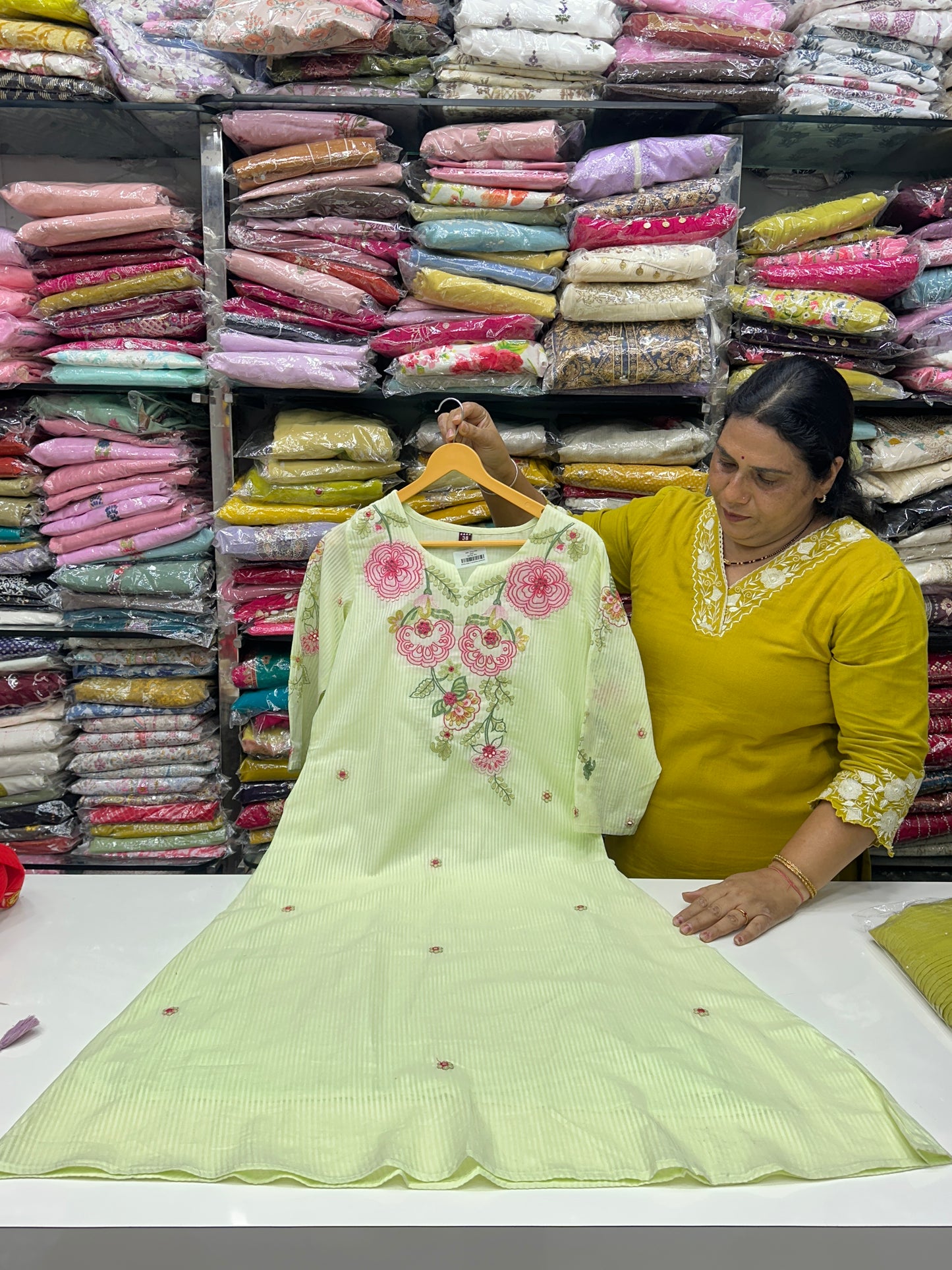 Mint green butter yellow lavender color AlinePremium cotton party wear dress ,Floral Thread work  detailing on Neck and Sleeve with pant duptta
