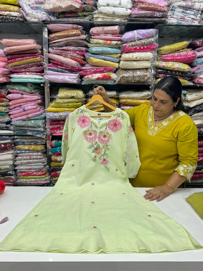 Mint green butter yellow lavender color AlinePremium cotton party wear dress ,Floral Thread work  detailing on Neck and Sleeve with pant duptta