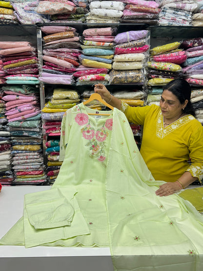 Mint green butter yellow lavender color AlinePremium cotton party wear dress ,Floral Thread work  detailing on Neck and Sleeve with pant duptta