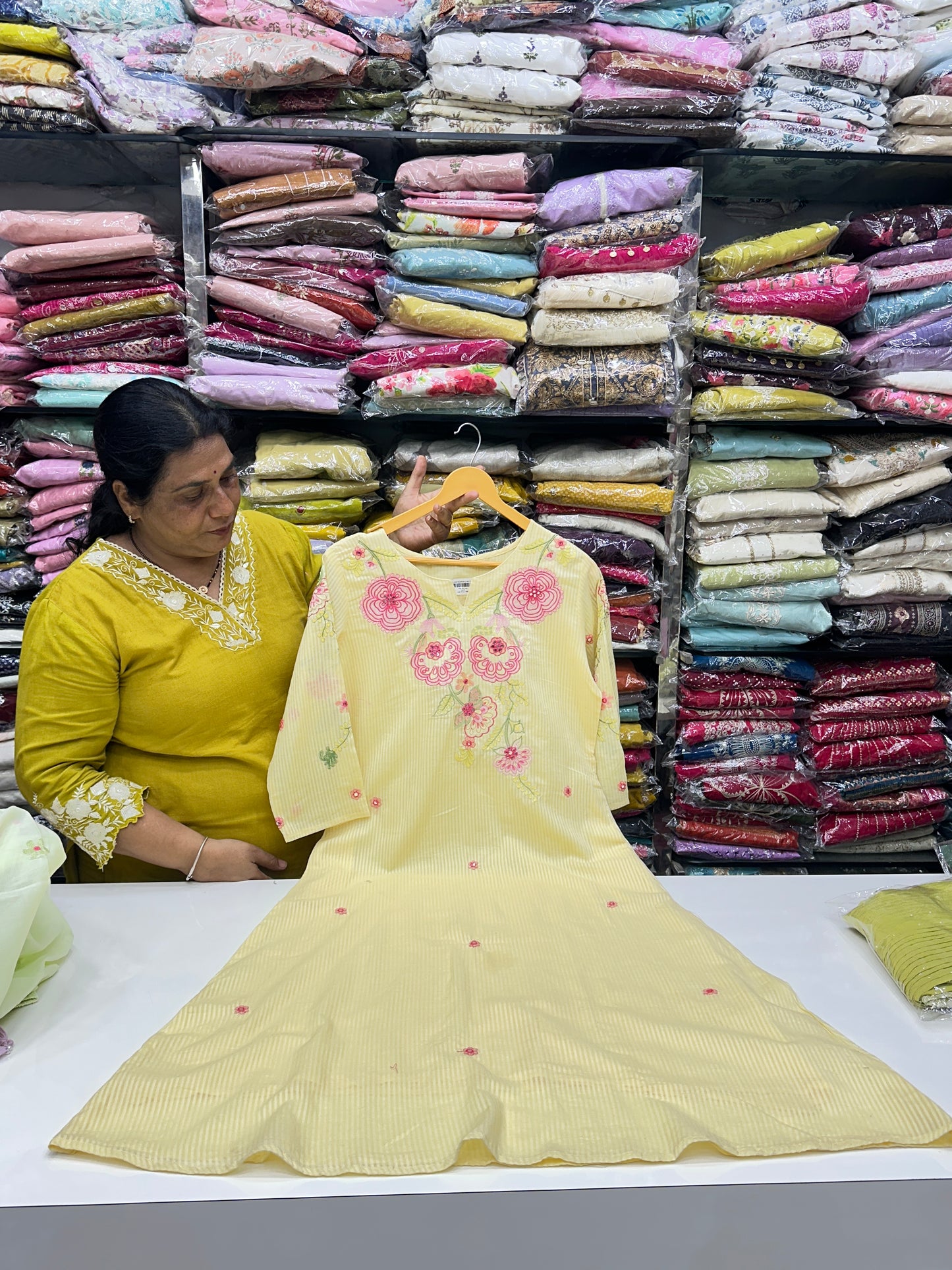 Mint green butter yellow lavender color AlinePremium cotton party wear dress ,Floral Thread work  detailing on Neck and Sleeve with pant duptta