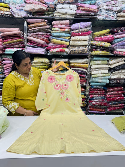 Mint green butter yellow lavender color AlinePremium cotton party wear dress ,Floral Thread work  detailing on Neck and Sleeve with pant duptta