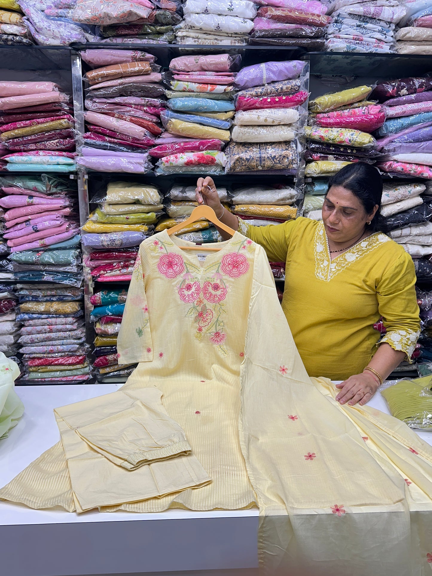 Mint green butter yellow lavender color AlinePremium cotton party wear dress ,Floral Thread work  detailing on Neck and Sleeve with pant duptta