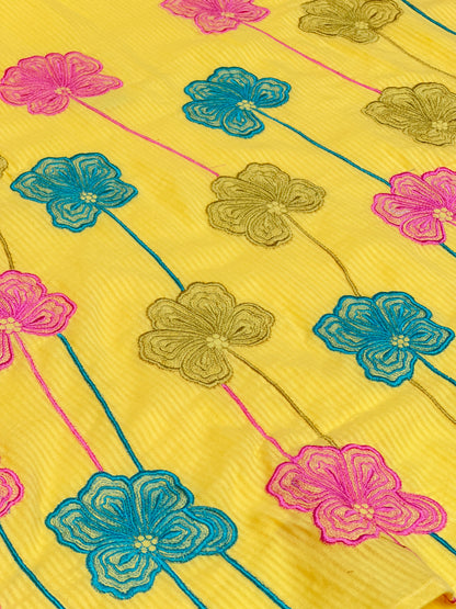 Peach Pink Yellow Pink and Sky Blue Premium cotton party wear dress with pant and duptta Floral Thread work  detailing on top and duptta