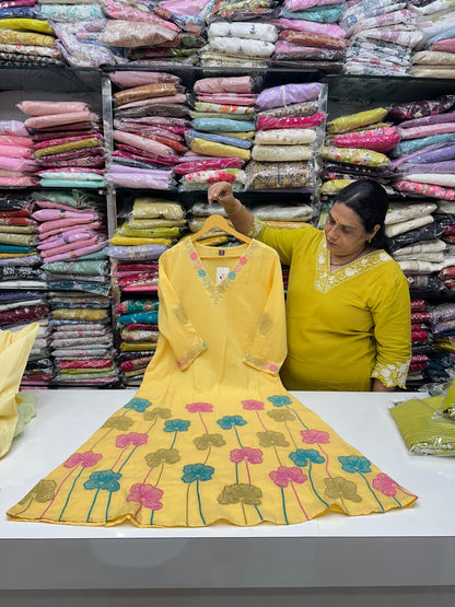 Peach Pink Yellow Pink and Sky Blue Premium cotton party wear dress with pant and duptta Floral Thread work  detailing on top and duptta