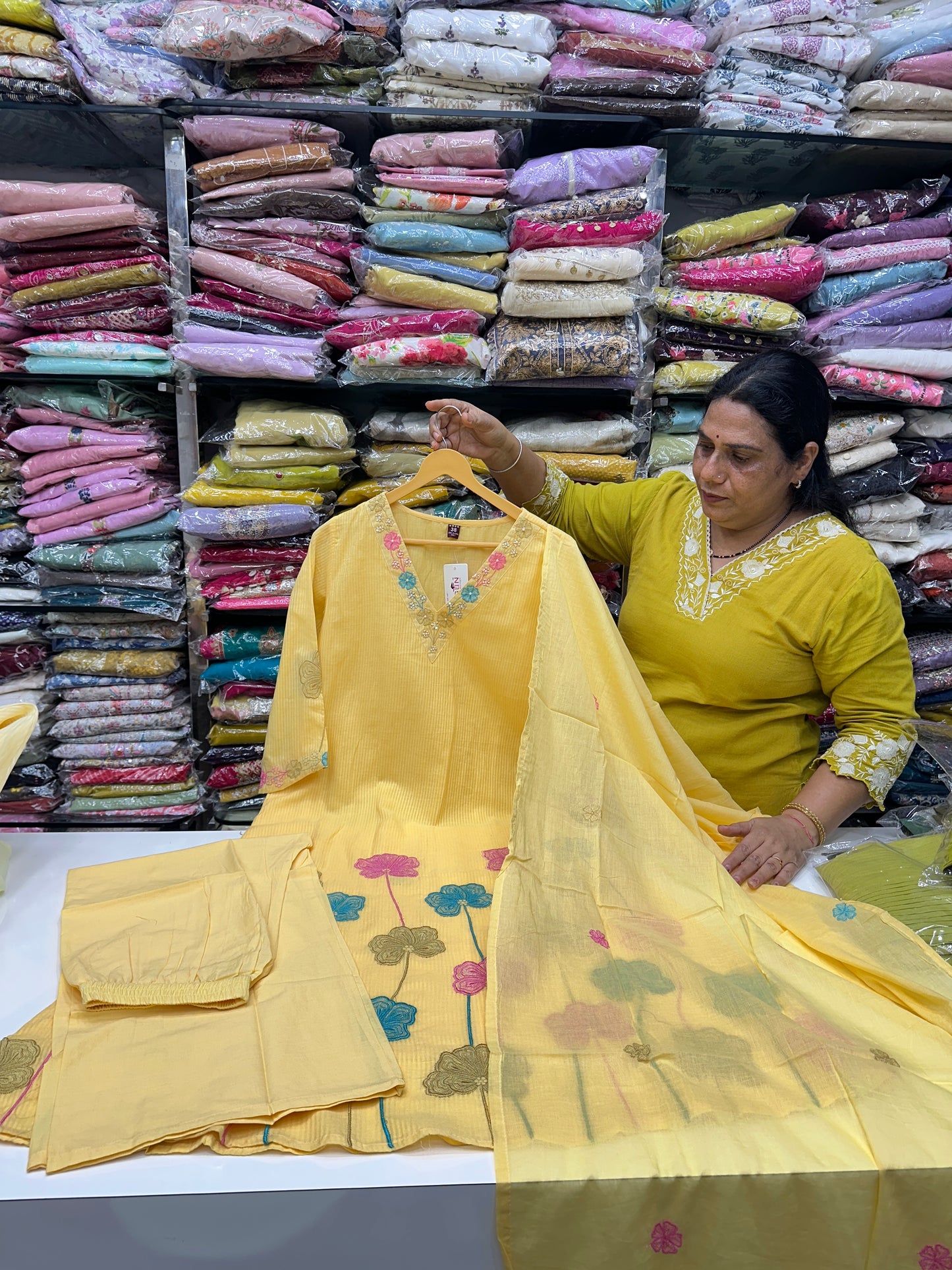 Peach Pink Yellow Pink and Sky Blue Premium cotton party wear dress with pant and duptta Floral Thread work  detailing on top and duptta