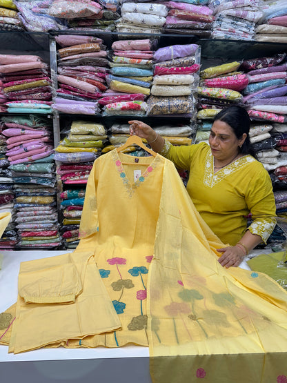 Peach Pink Yellow Pink and Sky Blue Premium cotton party wear dress with pant and duptta Floral Thread work  detailing on top and duptta