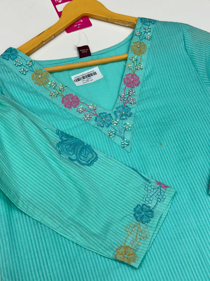 Peach Pink Yellow Pink and Sky Blue Premium cotton party wear dress with pant and duptta Floral Thread work  detailing on top and duptta
