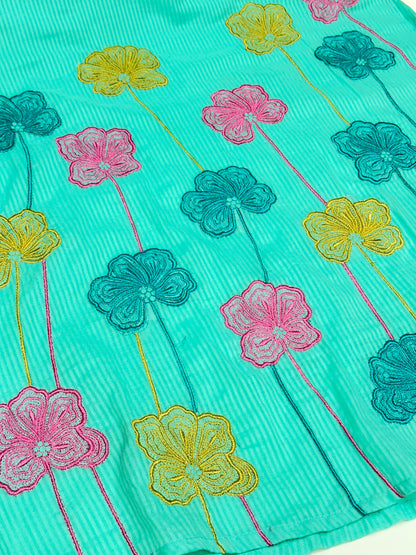 Peach Pink Yellow Pink and Sky Blue Premium cotton party wear dress with pant and duptta Floral Thread work  detailing on top and duptta