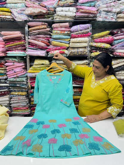 Peach Pink Yellow Pink and Sky Blue Premium cotton party wear dress with pant and duptta Floral Thread work  detailing on top and duptta