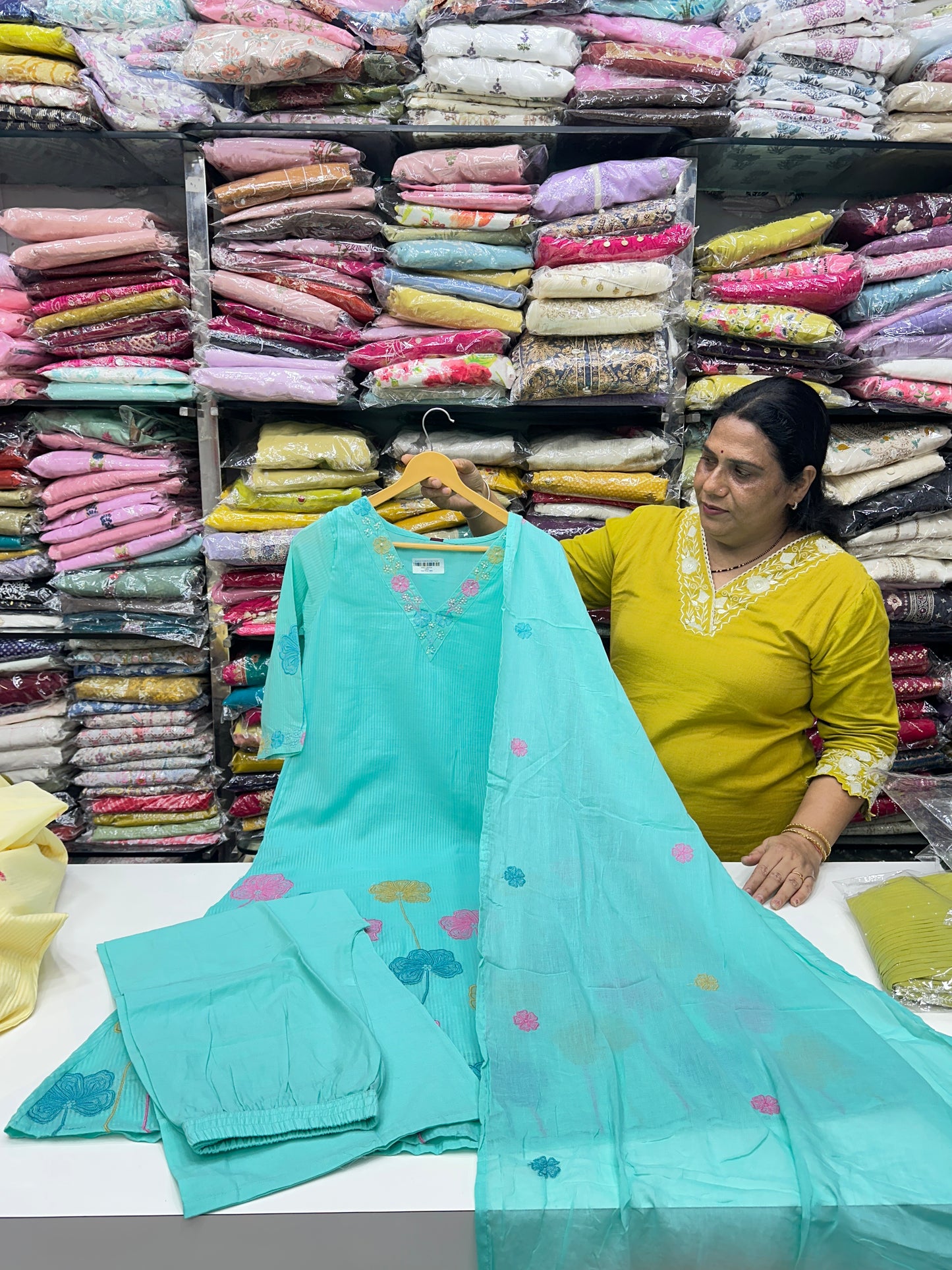 Peach Pink Yellow Pink and Sky Blue Premium cotton party wear dress with pant and duptta Floral Thread work  detailing on top and duptta