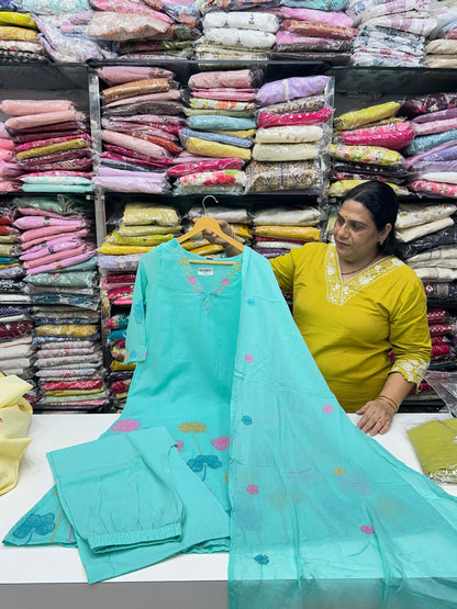 Peach Pink Yellow Pink and Sky Blue Premium cotton party wear dress with pant and duptta Floral Thread work  detailing on top and duptta