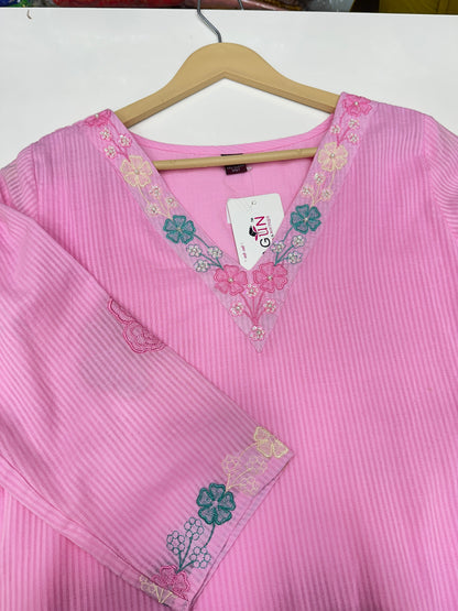 Peach Pink Yellow Pink and Sky Blue Premium cotton party wear dress with pant and duptta Floral Thread work  detailing on top and duptta