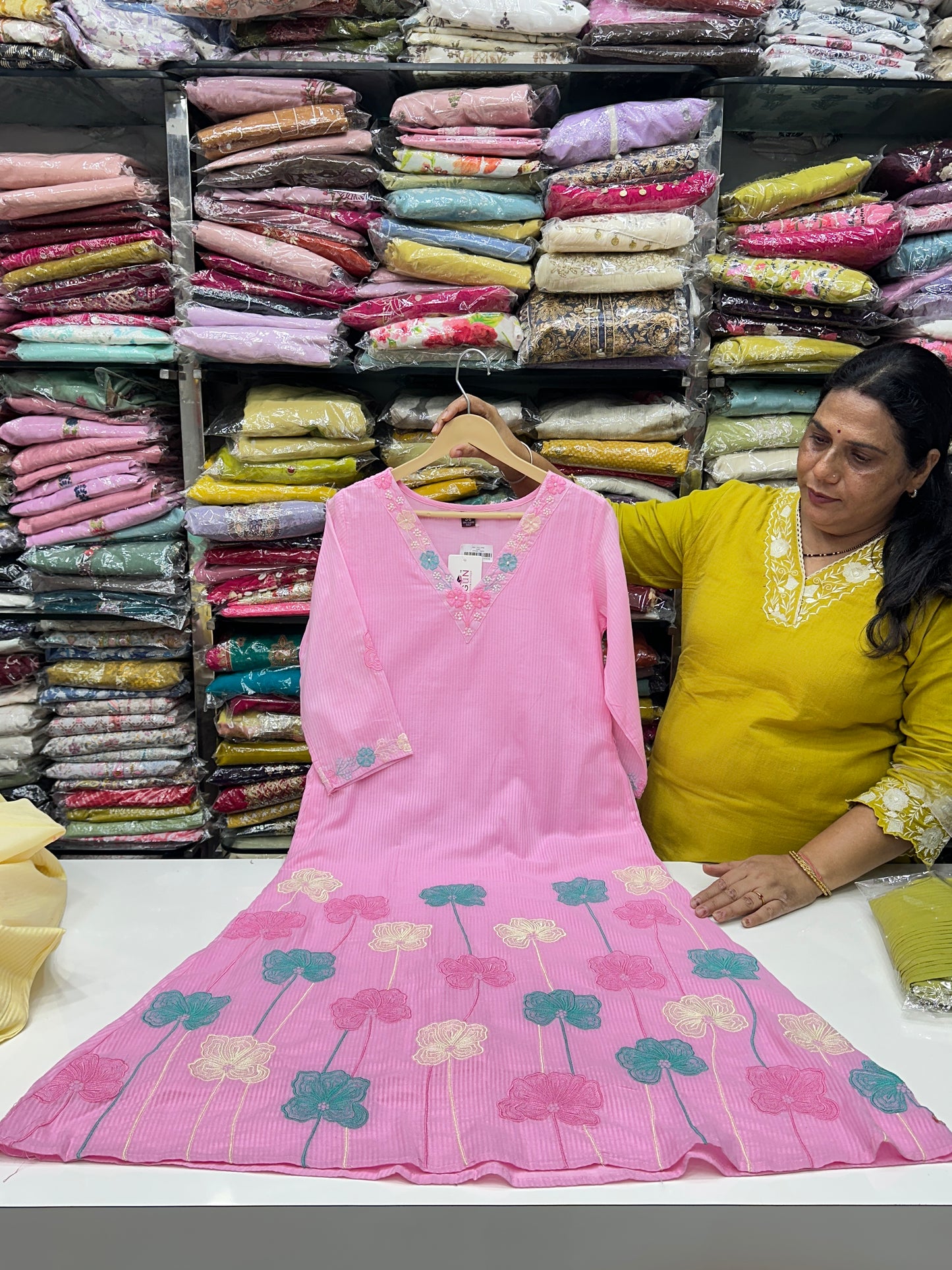 Peach Pink Yellow Pink and Sky Blue Premium cotton party wear dress with pant and duptta Floral Thread work  detailing on top and duptta