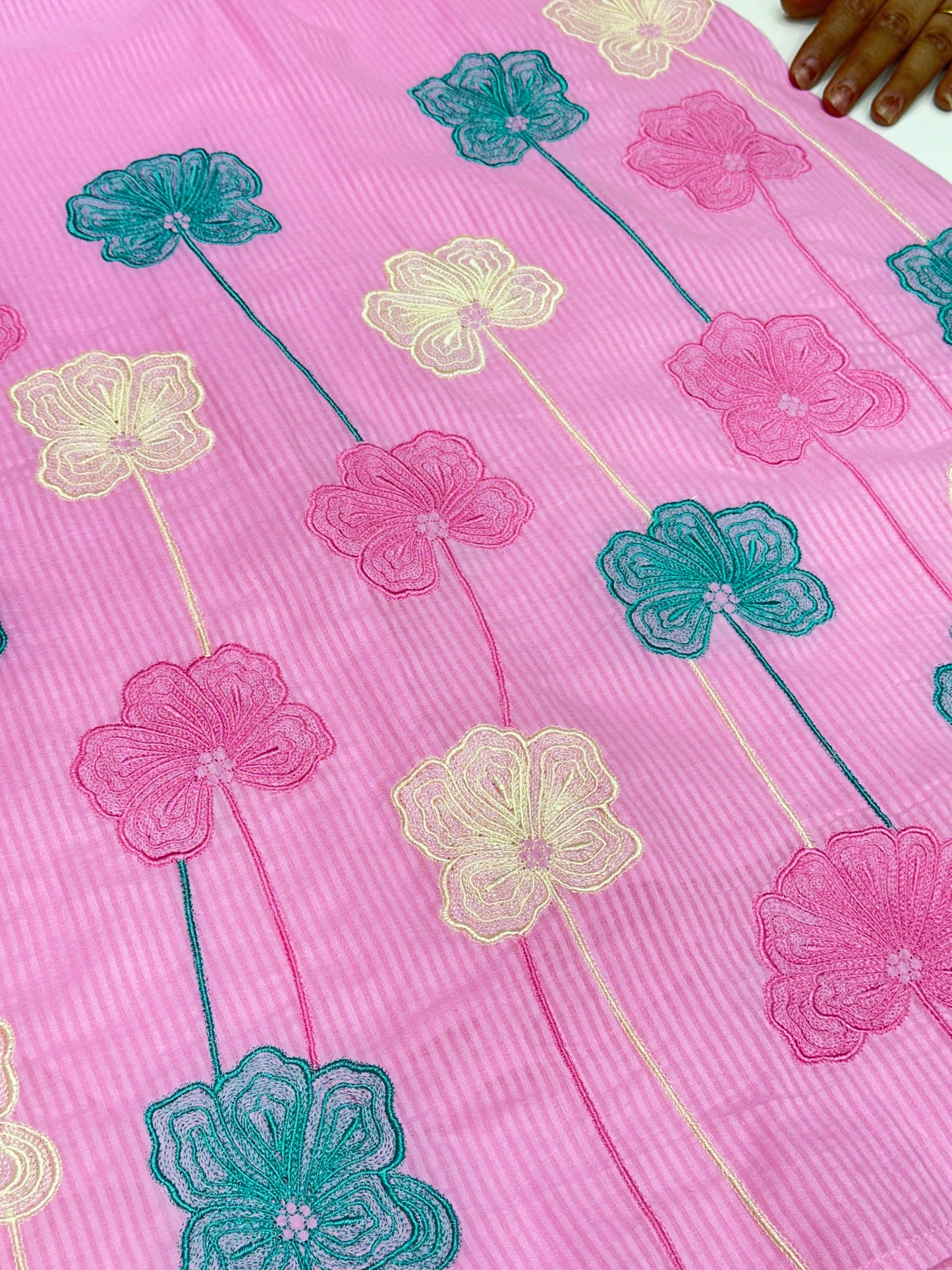 Peach Pink Yellow Pink and Sky Blue Premium cotton party wear dress with pant and duptta Floral Thread work  detailing on top and duptta