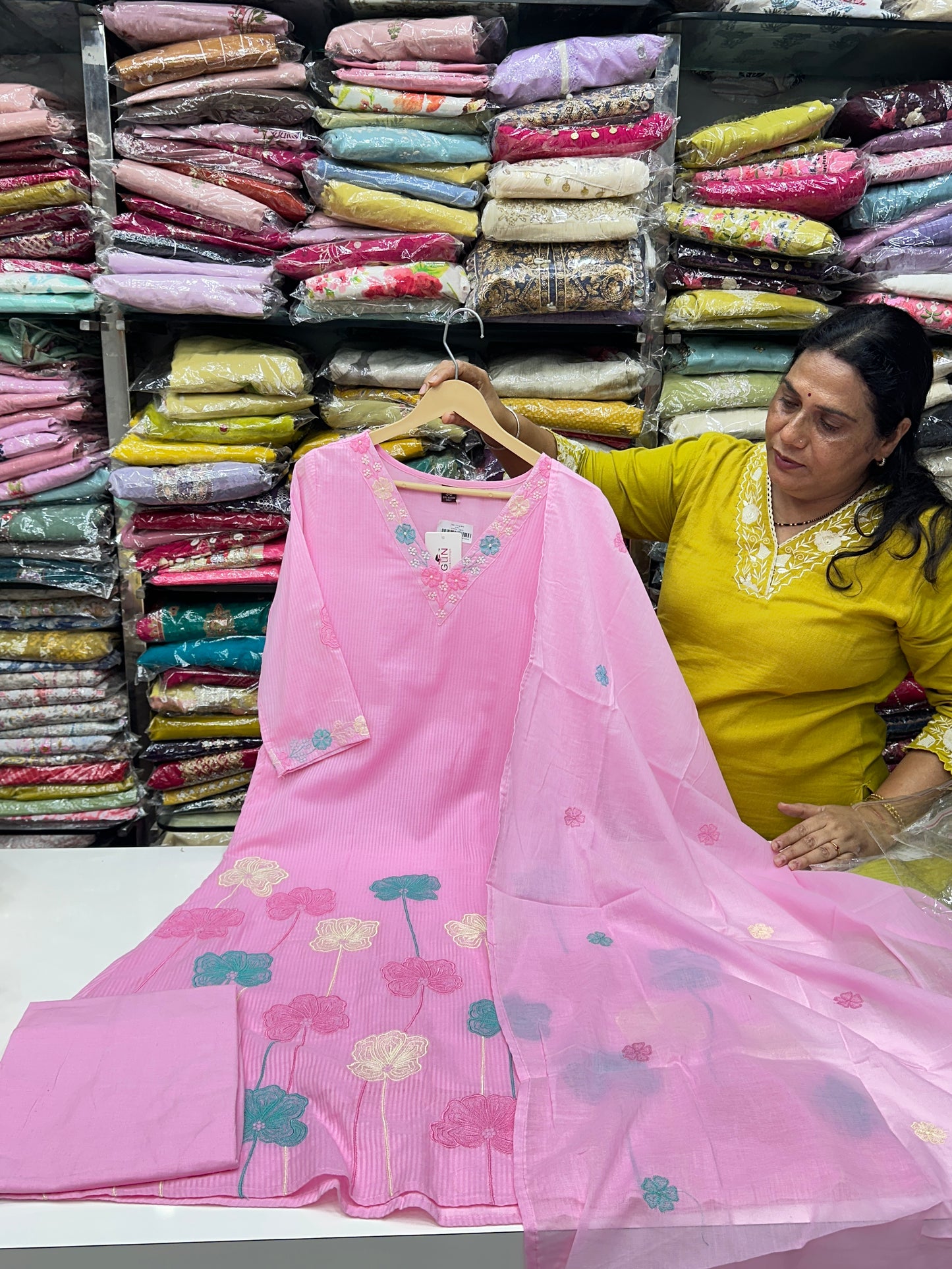 Peach Pink Yellow Pink and Sky Blue Premium cotton party wear dress with pant and duptta Floral Thread work  detailing on top and duptta