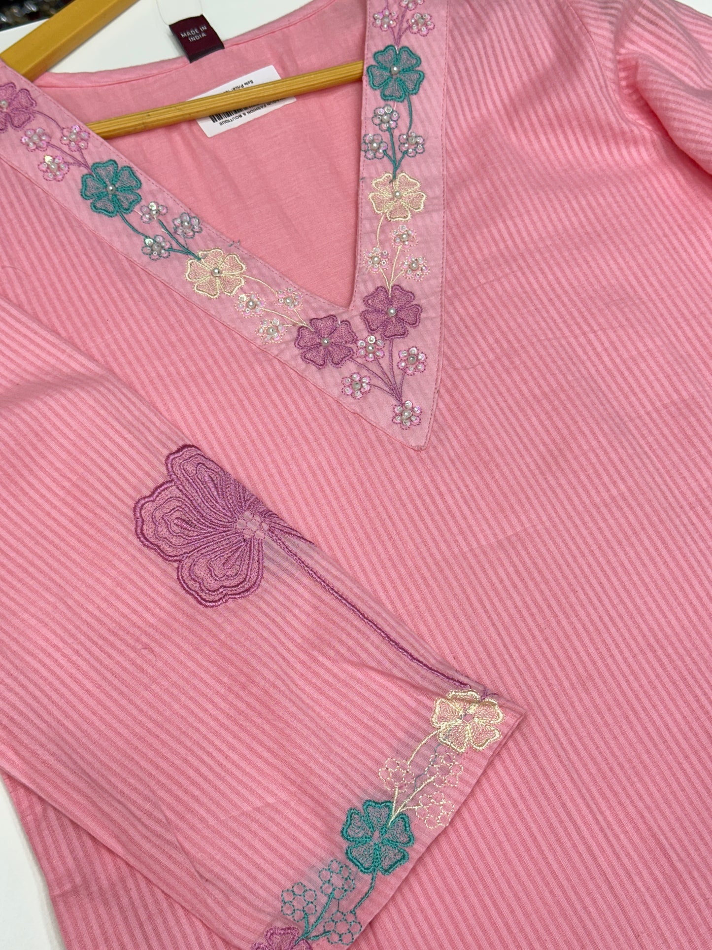 Peach Pink Yellow Pink and Sky Blue Premium cotton party wear dress with pant and duptta Floral Thread work  detailing on top and duptta