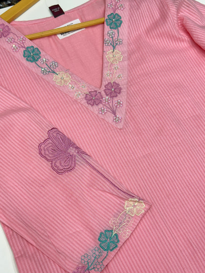 Peach Pink Yellow Pink and Sky Blue Premium cotton party wear dress with pant and duptta Floral Thread work  detailing on top and duptta