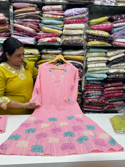 Peach Pink Yellow Pink and Sky Blue Premium cotton party wear dress with pant and duptta Floral Thread work  detailing on top and duptta