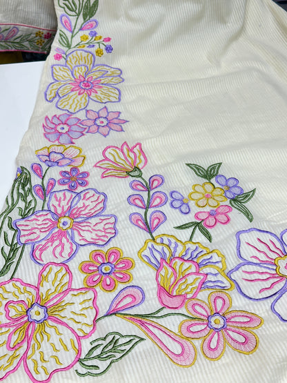 Pink and white Premium cotton party wear dress with pant and duptta Floral Thread work detailing on top and duptta