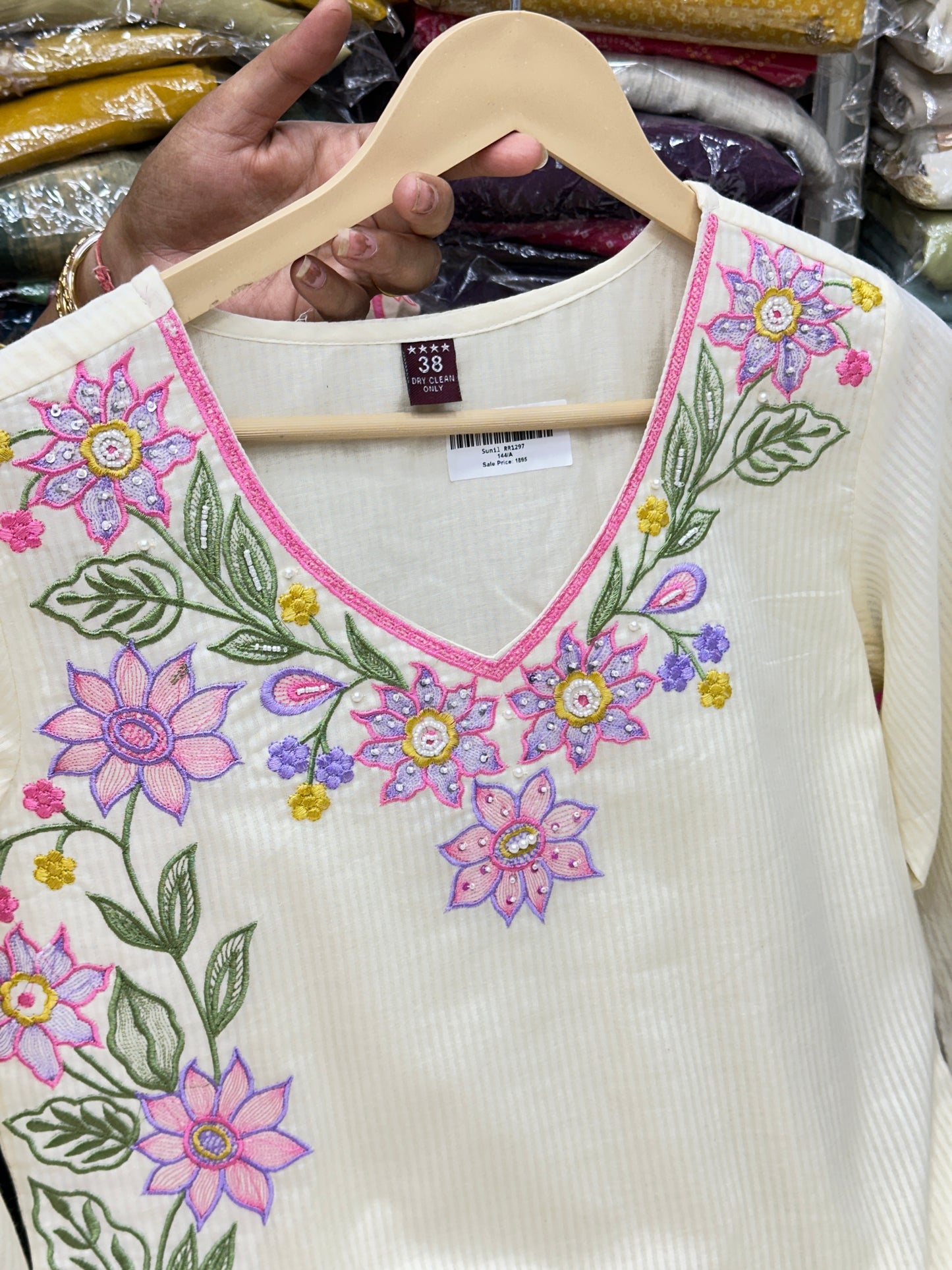 Pink and white Premium cotton party wear dress with pant and duptta Floral Thread work detailing on top and duptta