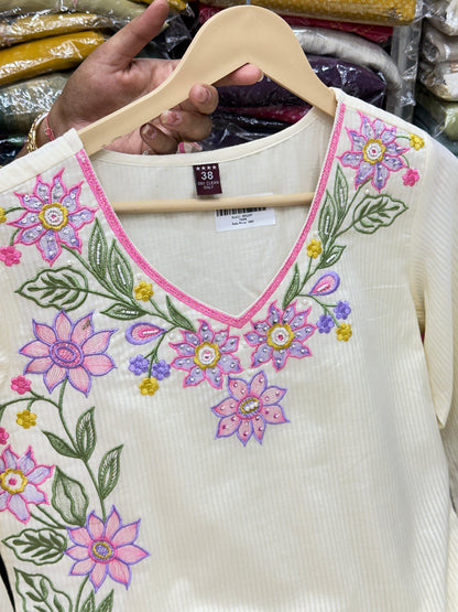 Pink and white Premium cotton party wear dress with pant and duptta Floral Thread work detailing on top and duptta