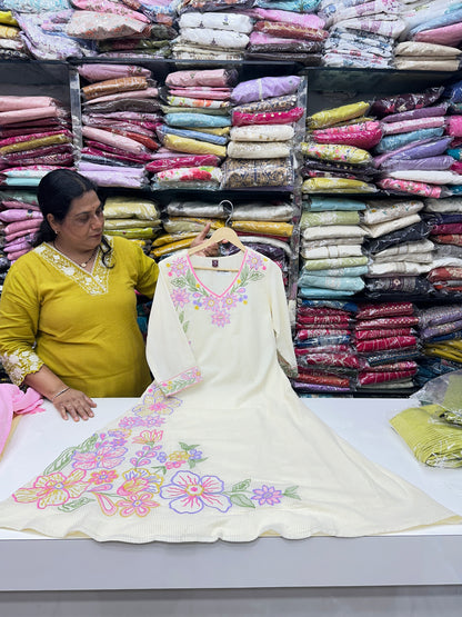 Pink and white Premium cotton party wear dress with pant and duptta Floral Thread work detailing on top and duptta