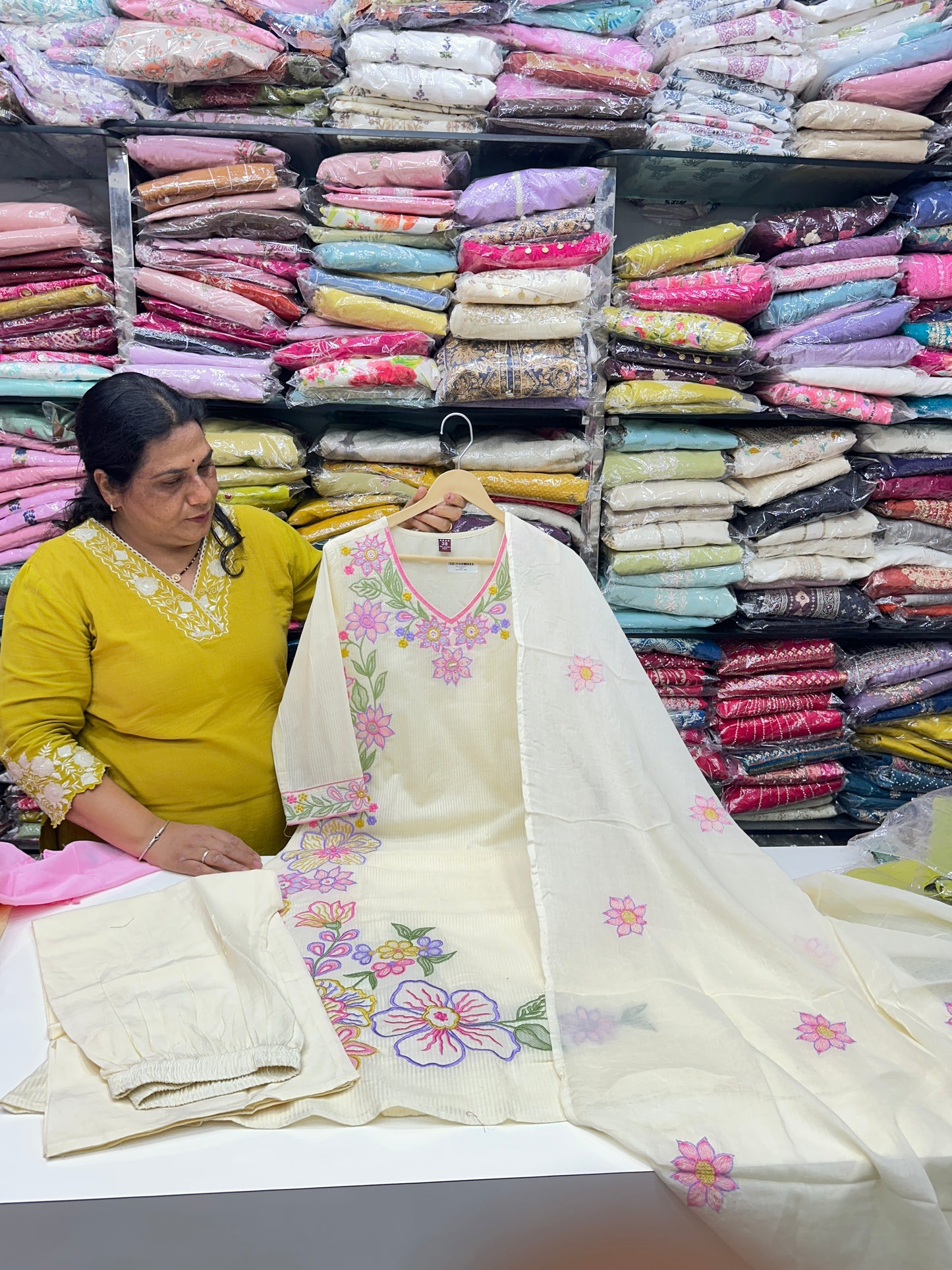Pink and white Premium cotton party wear dress with pant and duptta Floral Thread work detailing on top and duptta